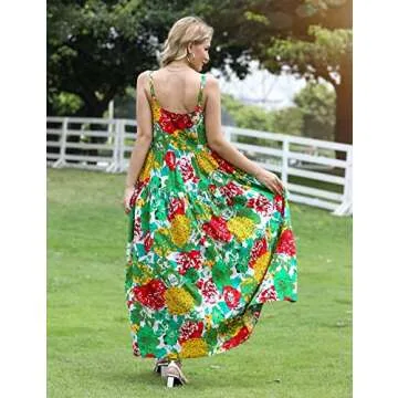 YESNO Summer Dresses for Women Casual Loose Bohemian Floral Dress with Pockets Spaghetti Strap Maxi Dress for Beach Vacation S E75 CR10