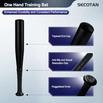 SECOTAN Baseball Bat, Aluminum One Hand Training Bat, Baseball/Softball/Teeball Mini Training Bat, Batting Practice, Tire Pressure Checker, Multi-Purpose Bats for Versatile Use (17inch | Matte Black)