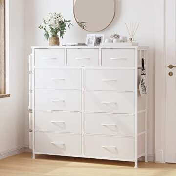 LIVEHOM Dresser for Bedroom with 11 Drawer, Dressers & Chests of Drawers with Side Pockets, Hooks, Fabric Storage Drawer, Steel Frame, Wood Top, Organizer Unit and Pull Handle for Closet.