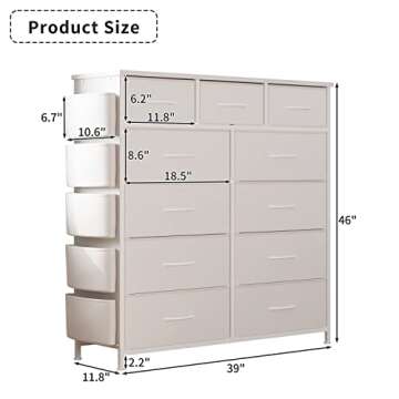 LIVEHOM Dresser for Bedroom with 11 Drawer, Dressers & Chests of Drawers with Side Pockets, Hooks, Fabric Storage Drawer, Steel Frame, Wood Top, Organizer Unit and Pull Handle for Closet.
