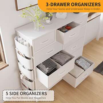 LIVEHOM Dresser for Bedroom with 11 Drawer, Dressers & Chests of Drawers with Side Pockets, Hooks, Fabric Storage Drawer, Steel Frame, Wood Top, Organizer Unit and Pull Handle for Closet.