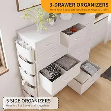 LIVEHOM Dresser for Bedroom with 11 Drawer, Dressers & Chests of Drawers with Side Pockets, Hooks, Fabric Storage Drawer, Steel Frame, Wood Top, Organizer Unit and Pull Handle for Closet.