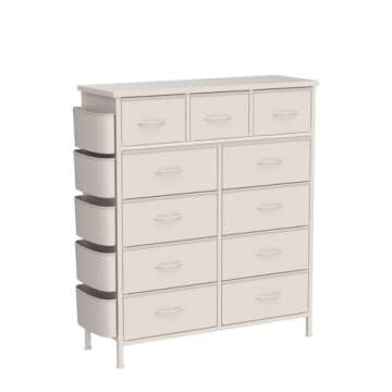 LIVEHOM Dresser for Bedroom with 11 Drawer, Dressers & Chests of Drawers with Side Pockets, Hooks, Fabric Storage Drawer, Steel Frame, Wood Top, Organizer Unit and Pull Handle for Closet.