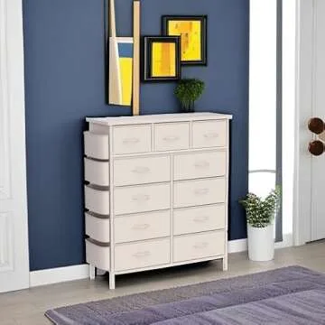 LIVEHOM Dresser for Bedroom with 11 Drawer, Dressers & Chests of Drawers with Side Pockets, Hooks, Fabric Storage Drawer, Steel Frame, Wood Top, Organizer Unit and Pull Handle for Closet.