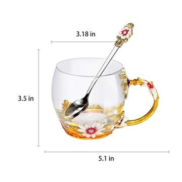 Cenyye Glass Tea Cup - Coffee Mugs Enamel Daisy Flower Drinking Cups - Unique Gifts for Lady Creative Handmade Crystal Water Cups(Yellow,11oz)