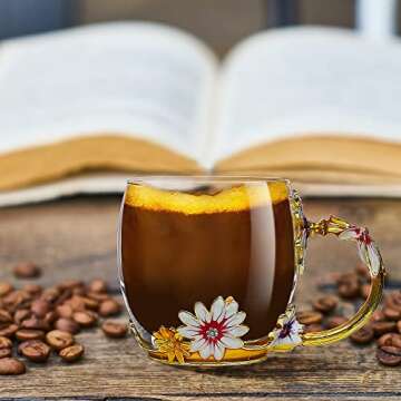 Cenyye Glass Tea Cup - Coffee Mugs Enamel Daisy Flower Drinking Cups - Unique Gifts for Lady Creative Handmade Crystal Water Cups(Yellow,11oz)