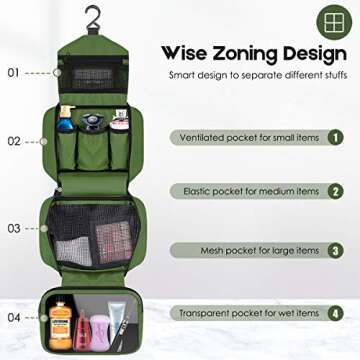 dopobo Travel Toiletry Bag for Women, Dopp Kit for Men, Waterproof Makeup Bag Shaving Bag with Hanging Hook, Portable Toiletry Organizer for Traveling and Camping (Army Green)