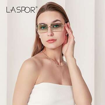 LASPOR Retro Rimless Rectangle Sunglasses for Women Men Tinted Lens Gold Metal Frameless Vintage Squ...