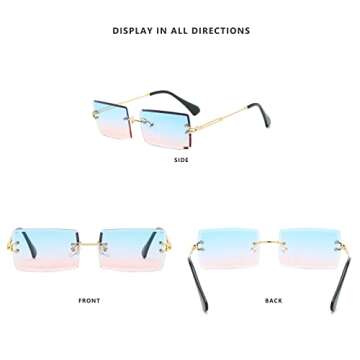 LASPOR Retro Rimless Rectangle Sunglasses for Women Men Tinted Lens Gold Metal Frameless Vintage Square Glasses uv400 Protection Blue pink