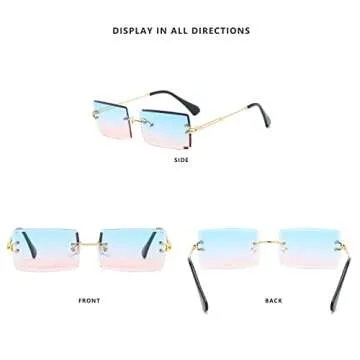 LASPOR Retro Rimless Rectangle Sunglasses for Women Men Tinted Lens Gold Metal Frameless Vintage Square Glasses uv400 Protection Blue pink