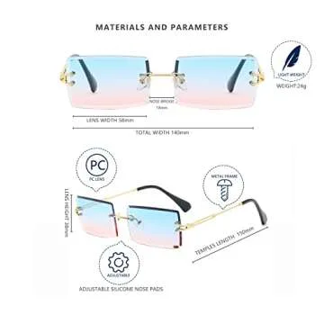 LASPOR Retro Rimless Rectangle Sunglasses for Women Men Tinted Lens Gold Metal Frameless Vintage Square Glasses uv400 Protection Blue pink