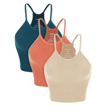 ODODOS Women's Crop Camisole 3-Pack Seamless Rib-Knit Crop Tank Tops, Long Crop, Beige Coral Teal, Medium/Large