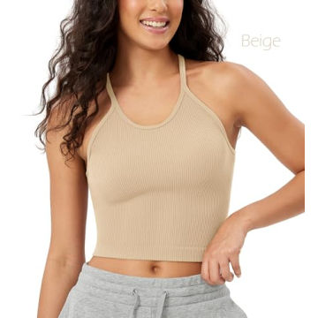 ODODOS Women's Crop Camisole 3-Pack Seamless Rib-Knit Crop Tank Tops, Long Crop, Beige Coral Teal, Medium/Large