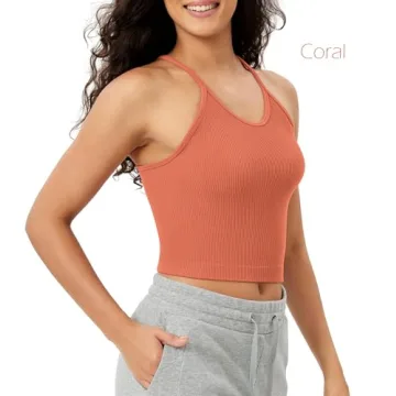 ODODOS Women's Crop Camisole 3-Pack Seamless Rib-Knit Crop Tank Tops, Long Crop, Beige Coral Teal, Medium/Large