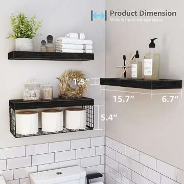 QEEIG Black Bathroom Shelves Over Toilet Wall Mounted Floating Shelves Farmhouse Shelf Toilet Paper Storage Small 16 inch Set of 3 (019-B3)