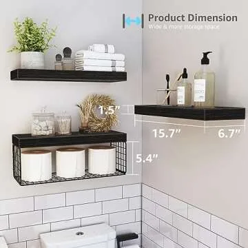 QEEIG Black Bathroom Shelves Over Toilet Wall Mounted Floating Shelves Farmhouse Shelf Toilet Paper Storage Small 16 inch Set of 3 (019-B3)