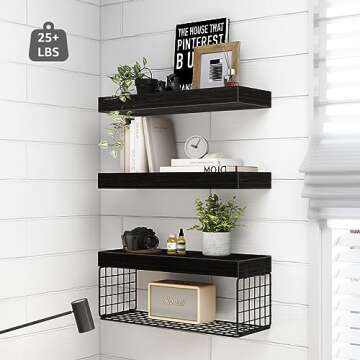 QEEIG Black Bathroom Shelves Over Toilet Wall Mounted Floating Shelves Farmhouse Shelf Toilet Paper Storage Small 16 inch Set of 3 (019-B3)