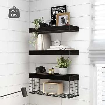QEEIG Black Bathroom Shelves Over Toilet Wall Mounted Floating Shelves Farmhouse Shelf Toilet Paper Storage Small 16 inch Set of 3 (019-B3)