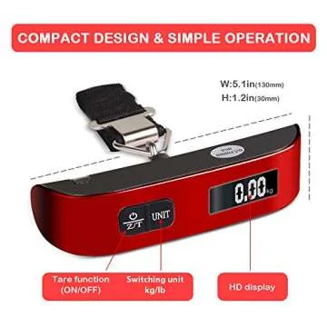 travel inspira Luggage Scale, Portable Digital Hanging Baggage Scale for Travel, Suitcase Weight Scale with Rubber Paint, 110 Pounds, Battery Included - Red