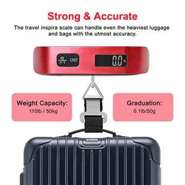 travel inspira Luggage Scale, Portable Digital Hanging Baggage Scale for Travel, Suitcase Weight Scale with Rubber Paint, 110 Pounds, Battery Included - Red