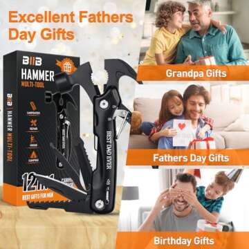 BIIB Gifts for Dad, 12 in 1 Hammer Multitool Camping Essentials, Birthday Gifts for Men, Mens Gifts for Dad Him Husband Grandpa, Dad Gifts for Men Who Wants Nothing, Camping Gear Survival Tools