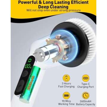 Electric Spin Scrubber,Cordless Shower Cleaning Brush IPX7 Waterproof with 3 Replaceable Brush Heads, Adjustable Extension Handle and Power Dual Speed,Power Scrubber for Bathroom Tub Tile Floor Car 5