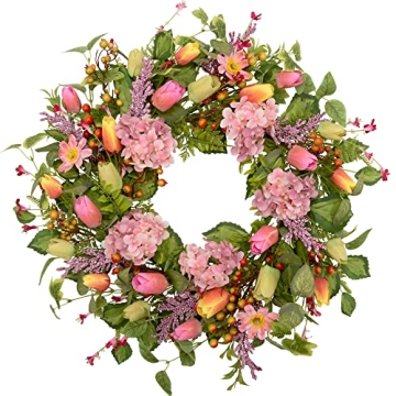 VGIA 20 inch Spring Summer Wreath for Front Door Artificial Floral Decorations with Pink Tulip Hydra...