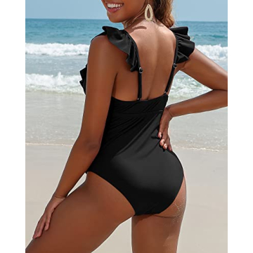 SOCIALA Ruffle One Piece Swimsuit Women V Neck Tummy Control
