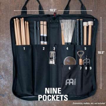 Meinl Percussion Drum Stick Bag with Extra Outside Pocket and Floor Tom Hooks – for Mallets, Brush...