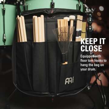 Meinl Percussion Drum Stick Bag with Extra Outside Pocket and Floor Tom Hooks – for Mallets, Brushes and Accessories, Black, Standard (MSB-1)