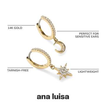Ana Luisa Celeste Crescent Moon Huggie Hoops - 14K Gold Plated - Sparkling Celestial Earrings with Cubic Zirconia - Hypoallergenic, Water-Resistant & Tarnish-Free, Star and Moon Charm Earrings