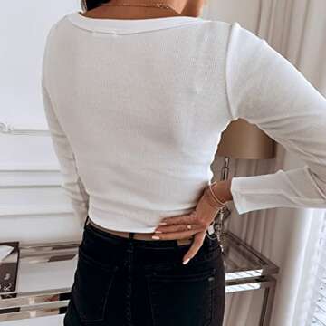 Roselux Women V Neck Ribbed Long Sleeve Shirt Fitted Basic Henley Knit Top White S