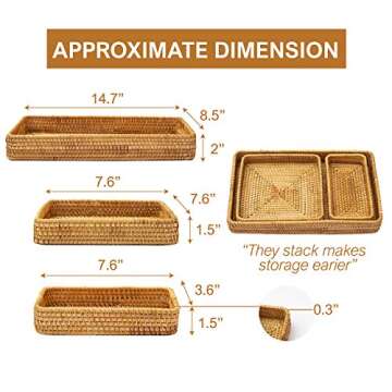 KOLSTRAW Rattan Tray Vanity Trays for Bathroom Coffee Table Tray Wicker Decorative Trays for Perfume Cologne Jewelry Key Makeup Brushes Remote Storage Large Ottoman Tray (3 Sizes: S+M+L, Honey Brown)