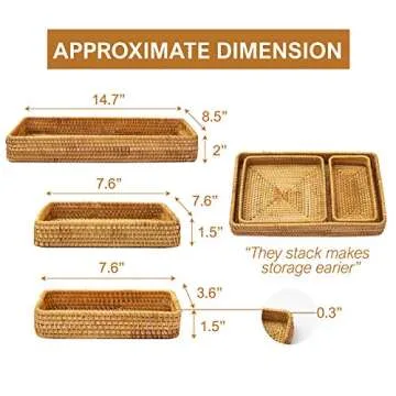 KOLSTRAW Rattan Tray Vanity Trays for Bathroom Coffee Table Tray Wicker Decorative Trays for Perfume Cologne Jewelry Key Makeup Brushes Remote Storage Large Ottoman Tray (3 Sizes: S+M+L, Honey Brown)