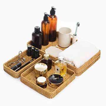 KOLSTRAW Rattan Tray Vanity Trays for Bathroom Coffee Table Tray Wicker Decorative Trays for Perfume Cologne Jewelry Key Makeup Brushes Remote Storage Large Ottoman Tray (3 Sizes: S+M+L, Honey Brown)