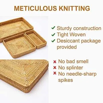 KOLSTRAW Rattan Tray Vanity Trays for Bathroom Coffee Table Tray Wicker Decorative Trays for Perfume Cologne Jewelry Key Makeup Brushes Remote Storage Large Ottoman Tray (3 Sizes: S+M+L, Honey Brown)