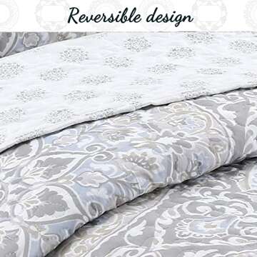 Cozy Line Home Fashions Medallion Floral Reversible Bedding Quilt Set, Lightweight Bedspread Coverlet for All Seasons (Grey Venetia, Queen - 3 Piece)