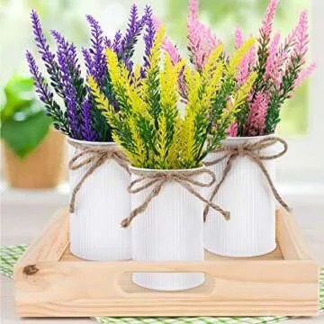 Omldggr Artificial Lavender Flower Plants in Metal Pots, 3 Pack Lavender Decor Faux Lavender Plants Potted Home Decor for Farmhouse Table Centerpiece Windowsill Country Indoor Outdoor Decoration