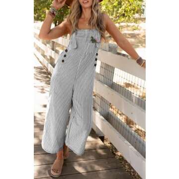 PRETTYGARDEN Summer Outfits For Women Striped Overall Jumpsuits 2025 Casual Wide Leg Strap Overalls Jumpers Button Lounge Clothing (Black Striped,M)
