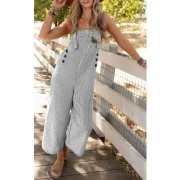 PRETTYGARDEN Summer Outfits For Women Striped Overall Jumpsuits 2025 Casual Wide Leg Strap Overalls Jumpers Button Lounge Clothing (Black Striped,M)