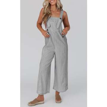 PRETTYGARDEN Summer Outfits For Women Striped Overall Jumpsuits 2025 Casual Wide Leg Strap Overalls Jumpers Button Lounge Clothing (Black Striped,M)