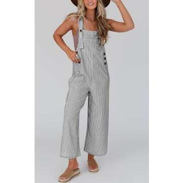 PRETTYGARDEN Summer Outfits For Women Striped Overall Jumpsuits 2025 Casual Wide Leg Strap Overalls Jumpers Button Lounge Clothing (Black Striped,M)