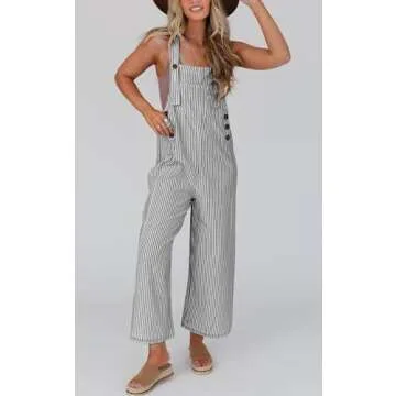 PRETTYGARDEN Summer Outfits For Women Striped Overall Jumpsuits 2025 Casual Wide Leg Strap Overalls Jumpers Button Lounge Clothing (Black Striped,M)