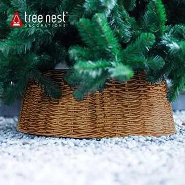 Tree Nest Christmas Live/Artificial Christmas Plastic Weaved Basket Design Tree Stand Collar Skirt Decoration, Brown, Large