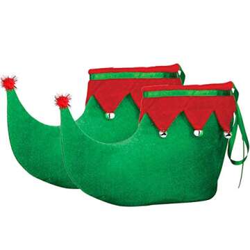 Skeleteen Red Green Elf Shoes - Red and Green Velvet Holiday Elf Feet Slippers with Jingle Bells for Adults and Kids