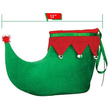 Skeleteen Red Green Elf Shoes - Red and Green Velvet Holiday Elf Feet Slippers with Jingle Bells for Adults and Kids