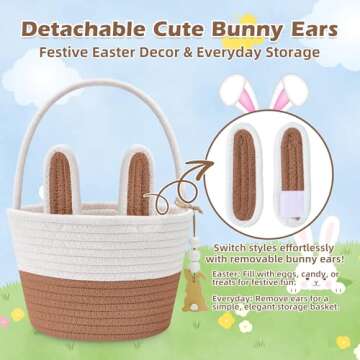 Easter Baskets for Kids, Large Bunny Personalized Easter Basket Empty with Handle, Basket Name Tags, Woven Rope Baby Easter Egg Baskets for Babies, Girls, Boys, Toddler, Infant, Easter Gifts