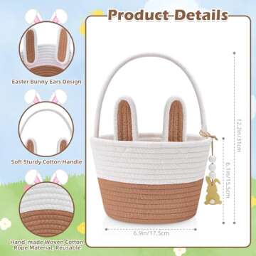 Easter Baskets for Kids, Large Bunny Personalized Easter Basket Empty with Handle, Basket Name Tags, Woven Rope Baby Easter Egg Baskets for Babies, Girls, Boys, Toddler, Infant, Easter Gifts