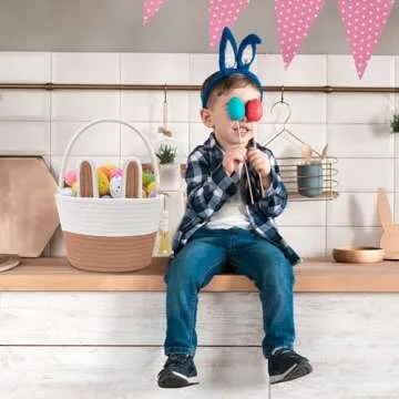 Easter Baskets for Kids, Large Bunny Personalized Easter Basket Empty with Handle, Basket Name Tags, Woven Rope Baby Easter Egg Baskets for Babies, Girls, Boys, Toddler, Infant, Easter Gifts