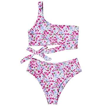 MOOSLOVER Women One Shoulder High Waisted Bikini Tie High Cut Two Piece Swimsuits(XL,Pink White Flower-8)